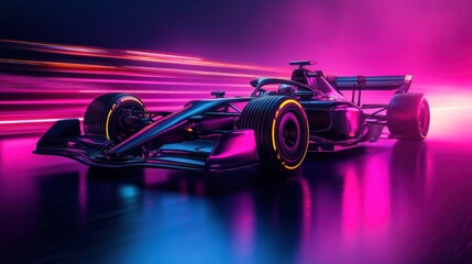 Futuristic racing car in motion, vibrant neon pink and blue lights, speed blur effect.