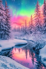 Beautiful aurora and winter landscape with snow forest.