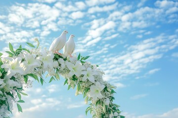 Wedding arch with white flowers and beautiful doves sitting on top