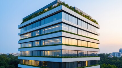 Obraz premium Modern High-Rise Office Building with Rooftop Garden