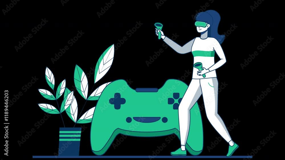 Poster a person using a virtual reality headset in a modern, animated setting with a game controller and po