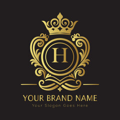 Letter Luxury brand logo design with a royal gold crown emblem and elegant typography
