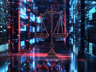 3d wireframe rendering of scales of justice against a blurred background