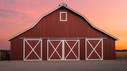 Fototapeta premium Large Rustic Red Barn with Wood Siding at Sunset