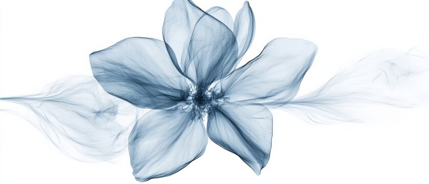 A translucent blue flower with smoky tendrils against a white background