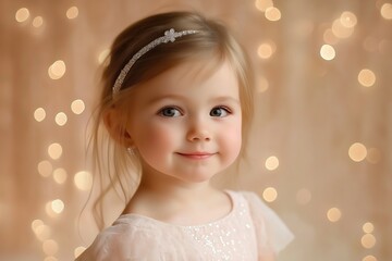 Cute child in pink clothing against a golden bokeh background