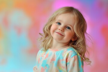 Fototapeta premium Happy child with blonde hair on a multicolored background