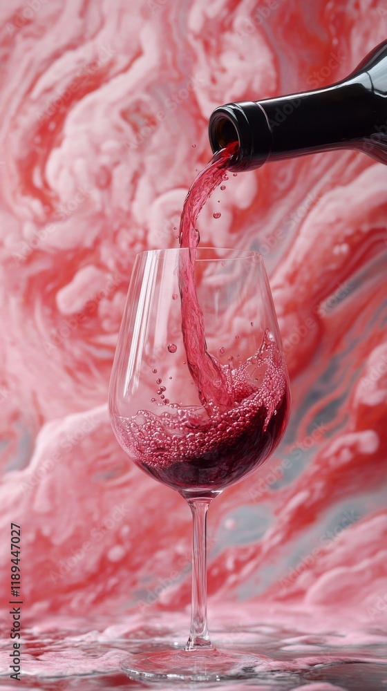 Poster pouring red wine into a glass with splashes creating dynamic motion on a dark background