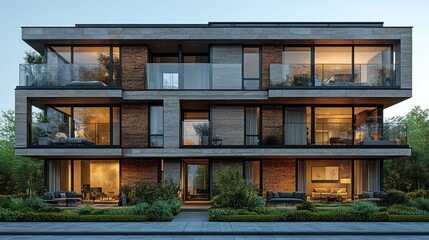 Fototapeta premium Modern Apartment Building at Dusk with Illuminated Interiors and Lush Landscaping