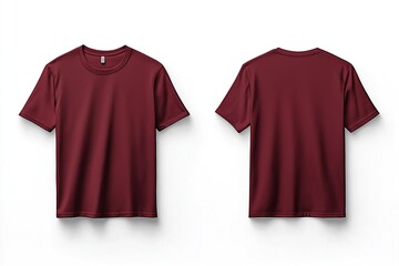 Burgundy T-shirt on white background, front and back view. Mockup product