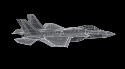 A 3D wireframe model of a fighter jet, showcasing its design and structure.