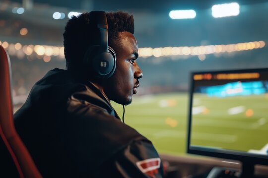 sports commentator sits at the monitor against the backdrop of a football field