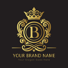 Letter Luxury brand logo design with a royal gold crown emblem and elegant typography
