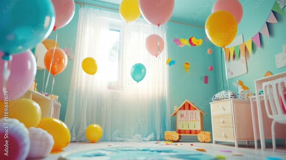 Aufkleber joyful playroom filled with colorful toys and balloons for childrens fun and imagination during afte
