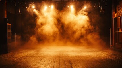 Fototapeta premium A theatrical stage covered in a thick mist, illuminated by warm golden light