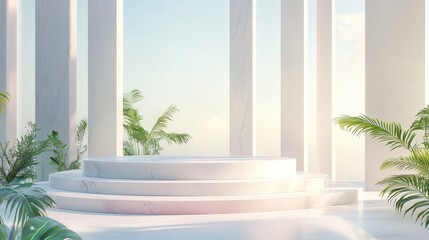 A serene architectural space with circular marble steps and lush greenery.