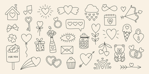 Valentines day doodle big set with hearts. Love romantic hand drawn sketch. Vector icon
