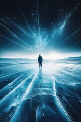 Man walking on frozen icy lake in winter at night with starring sky