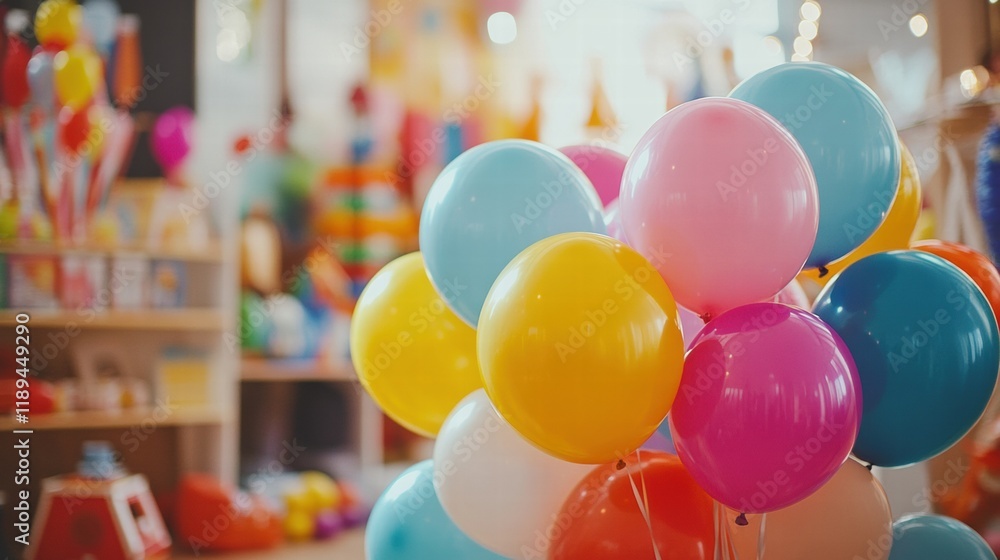 Aufkleber colorful toys and bright balloons create a joyful atmosphere in a cheerful child playroom. generativ