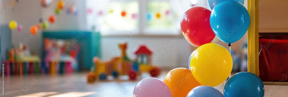 Fototapete bright and colorful playroom filled with toys and balloons creating a joyful atmosphere for children