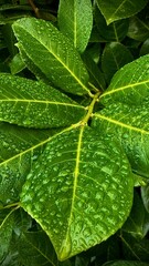 Evergreen bush with dew-covered leaves
