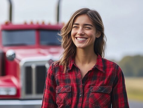 Female truck driver smiling with her red semi truck in the background