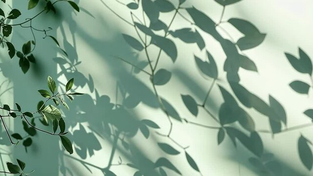 Minimal abstract background, light and shadow of tree leaves. Cosmetic product presentation. Premium podium. Pastel soft gray wall, white table. Showcase display case. Front view. Mockup ad. Concrete