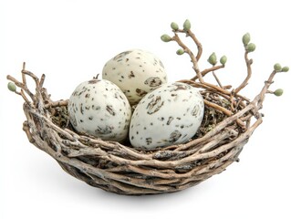 Obraz premium close up of three speckled eggs in a twig nest