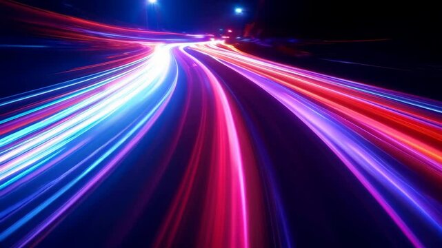 Abstract Night Road Light Trails Speed Motion Blur Background Animation Video Footage -  Dynamic Colorful Lights Curve Seamlessly on Dark Highway at Night