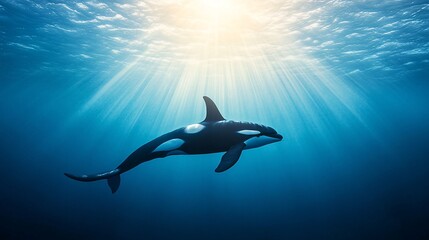 Orca swimming underwater with sunlight rays