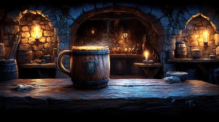 Cozy Medieval Tavern Scene with Wooden Ale Mug, Rustic Stone Walls, Warm Light, Ancient Barrels, and Inviting Atmosphere for Vintage Themed Gatherings