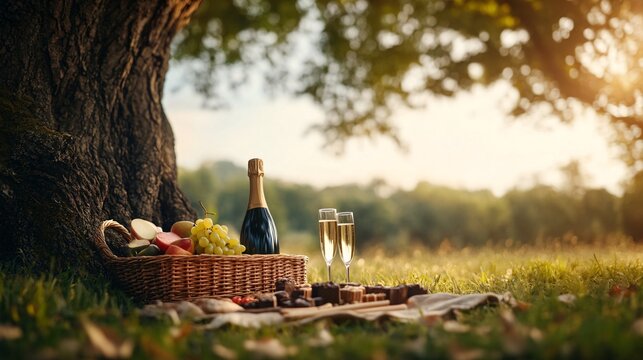 Picnic with champagne and fruits