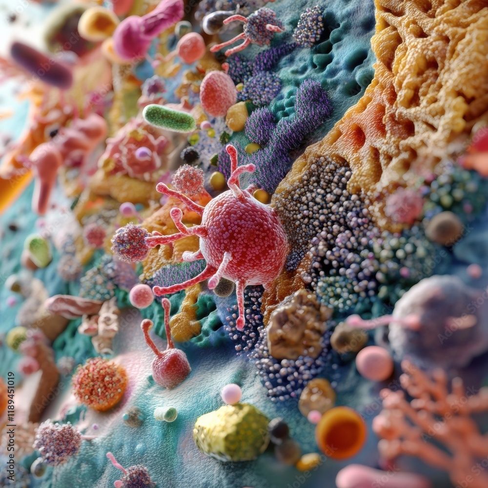 Poster close up view revealing diverse microbes on common surfaces like door handles and smartphones under 