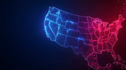 Glowing US map network data visualization, dark background, digital technology