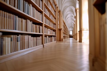 Long library aisle, bookshelves, knowledge, sunlight, education, research, study