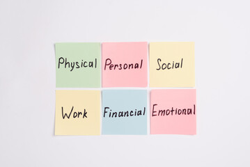 Colorful paper notes with words Types of Self Care on a white minimal background. Concept of goals, plans and mental health care