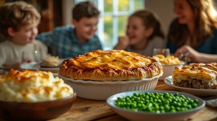 Obraz premium Happy Family Enjoying a Cozy Meal with Homemade Pies on British Pie Week 4