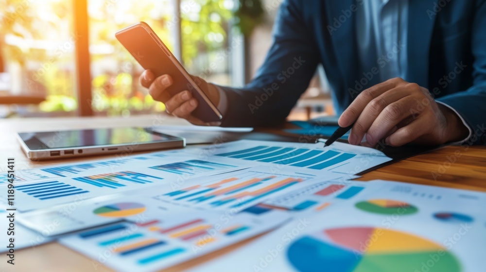 Poster a person analyzes data on a smartphone while reviewing various charts and graphs displayed on a tabl