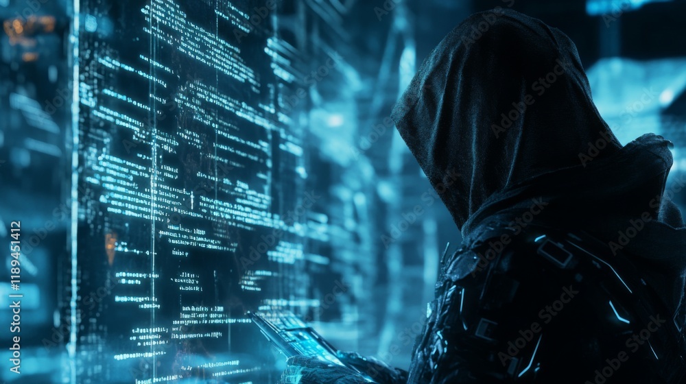 Poster a hooded figure analyzes glowing code on a digital interface, showcasing a futuristic cyber environm