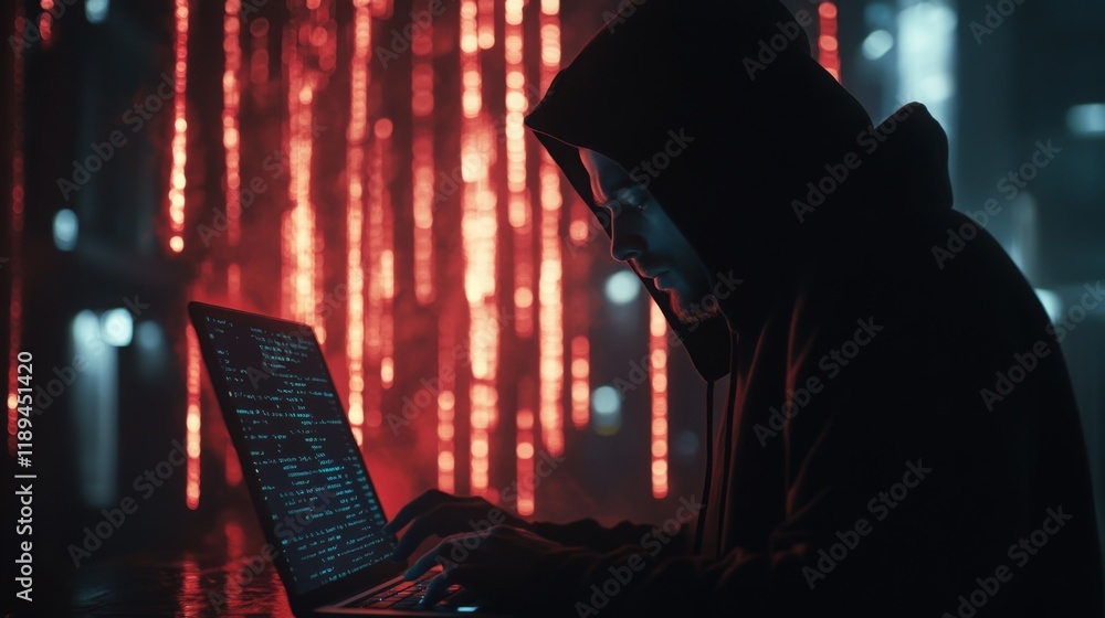 Leinwandbilder a hooded figure is focused on a laptop, surrounded by glowing red digital elements, creating a myste