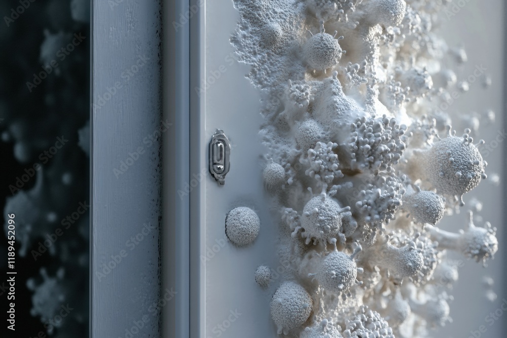 Poster close up view of diverse microbes on door handles and smartphones in everyday environments. generati