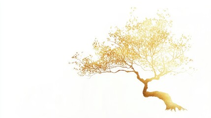 Obraz premium A solitary tree with golden leaves against a white background, symbolizing tranquility and beauty.