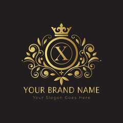 Letter Luxury brand logo design with a royal gold crown emblem and elegant typography
