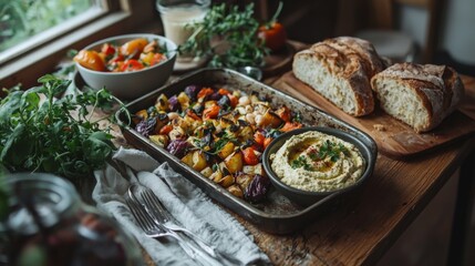 Fototapeta premium Rustic table with roasted veggies hummus and sourdough