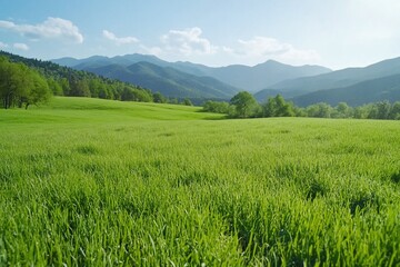 Fototapeta premium Lush green field, mountain backdrop, sunny day, peaceful landscape, nature scene