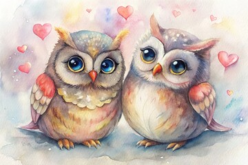 Fototapeta premium Loving Owl Couple Watercolor Painting - Two adorable owls, hearts, love, affection, tenderness. A sweet watercolor painting.