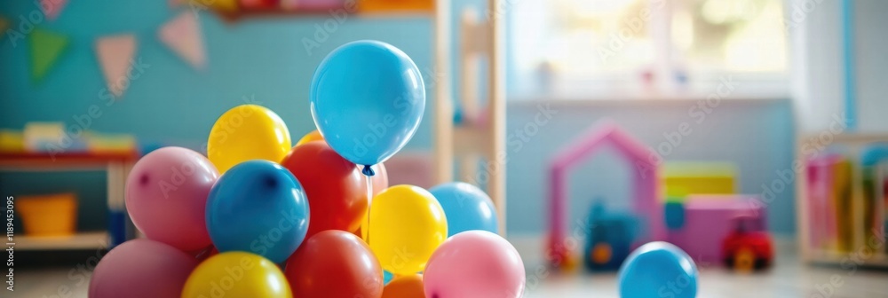 Aufkleber colorful toys and balloons create a joyful atmosphere in a cheerful child playroom filled with imagi