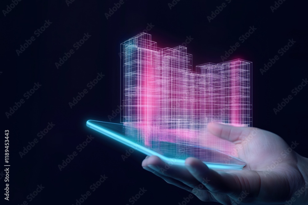 Poster future tech for building residence design shown. modern tech helps create virtual buildings. interac