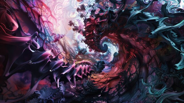 a surreal dreamscape where reality bends and twists like a surrealist painting, white space in the center of the page for text, bold and dynamic hues against a dark background