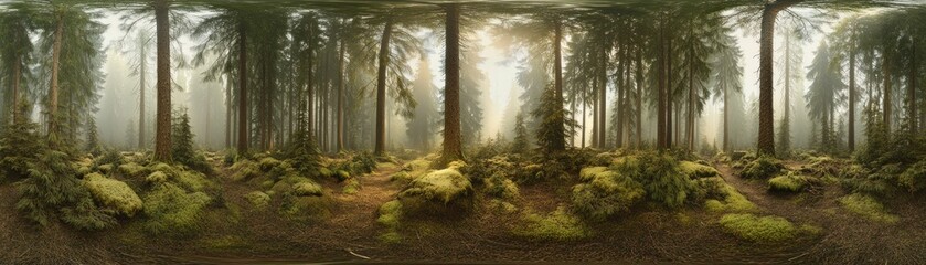 Serene Forest Panorama at Dawn with Sunlight Filtering Through Trees, Ideal for Nature Retreat Promotions